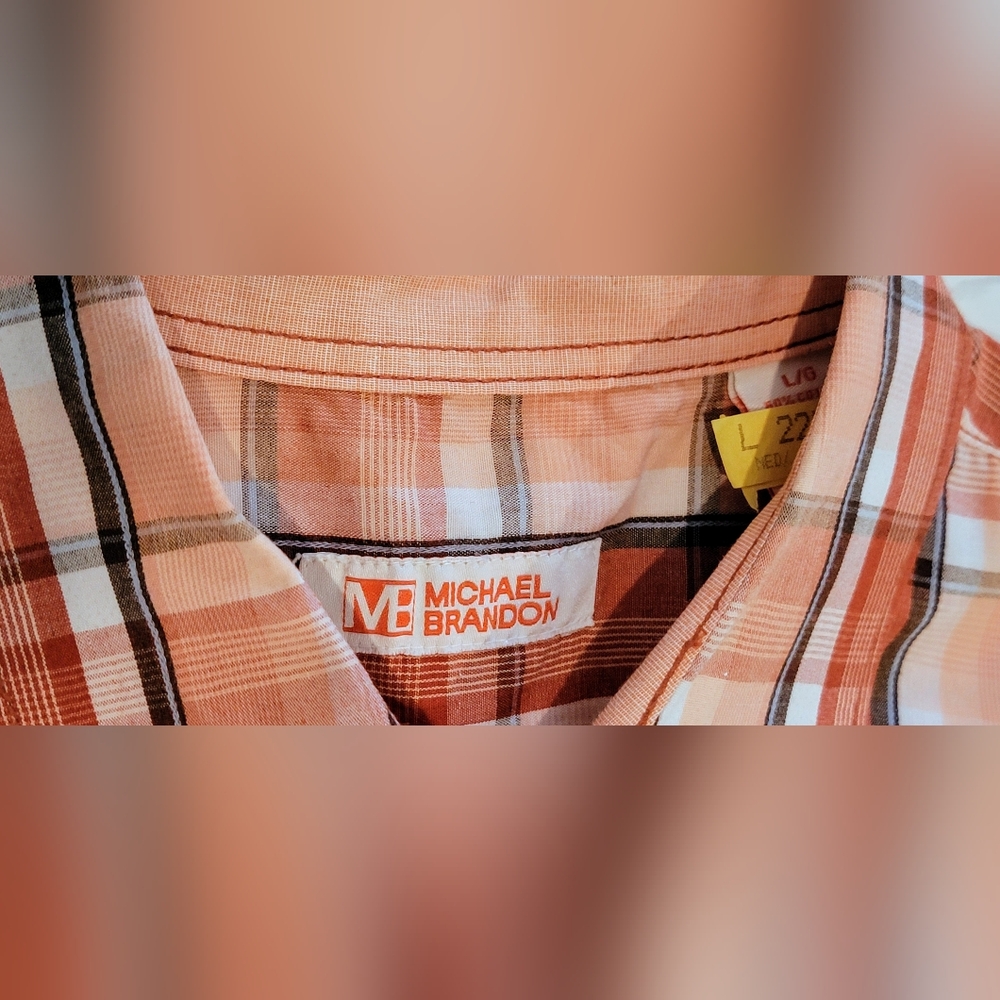 Michael Brandon Orange & White Plaid Casual Long Sleeve Shirt Sz L - Picture 2 of 3